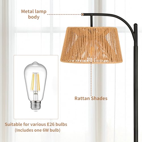 Boho Floor Lamps for Living Room,Rattan Tall Floor lamp with one 2700K Light Bulb,Bohemian Standing Lamps with Foot Switch,Rustic Coastal Floor lamp for Bedroom,Dining Room,Farmhouse,Corner