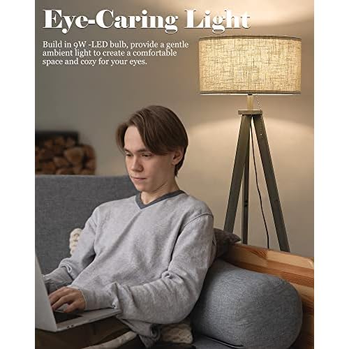 ELYONA Tripod Floor Lamp with 3 Color Temperatures LED Blub, Wood Floor Lamp with Table - Farmhouse Tall Reading Standing Light for Living Room, Bedroom, Office, Study Room, Pull Chain Controls, Grey