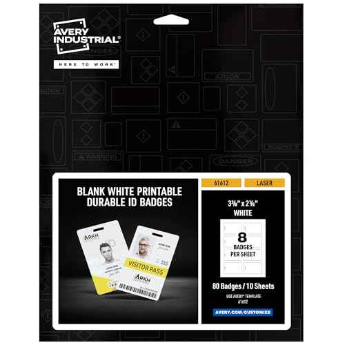 Avery Durable Tall ID Badges for Lanyards, Laser Printable on Both Sides, Blank White, 80 Total, 3.375" x 2.125" (61612)
