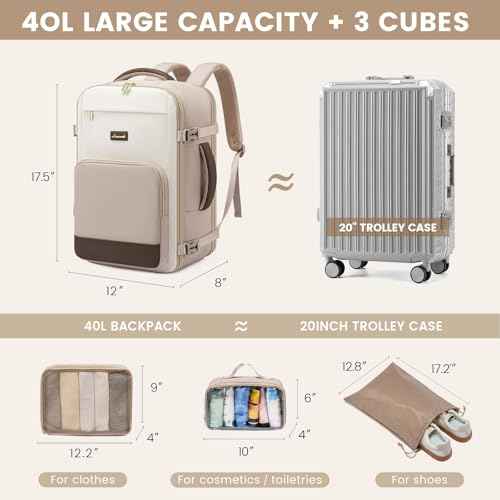 LOVEVOOK Travel Backpack for Women,40L Carry On Backpack Flight Approved,TSA Personal Item Travel Bag Fits 17.3" Laptop with 3 Packing Cubes,Large Waterproof Daypack£¬Beige and nude and coffee