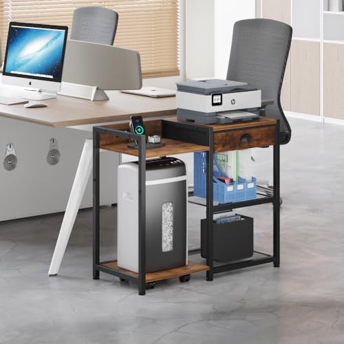 Printer Stand with Storage, Mobile Printer Table with Charging Station and USB Port for Home Office, Desktop Shredder Shelf with Wheels, Rolling Cart with Drawers, Computer Tower Stand