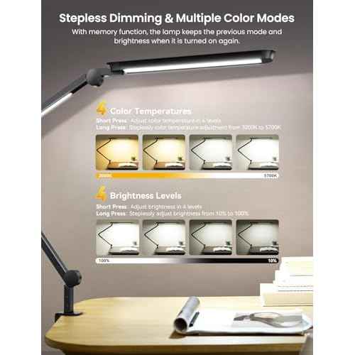 LED Desk Lamp with Clamp, Clip-on Architect Desk Lamp with Dual Light Source for Home Office, Adjustable Swing Arm Table Light, with Remote, 4 Color Mode & Brightness, For Crafting Sewing Reading