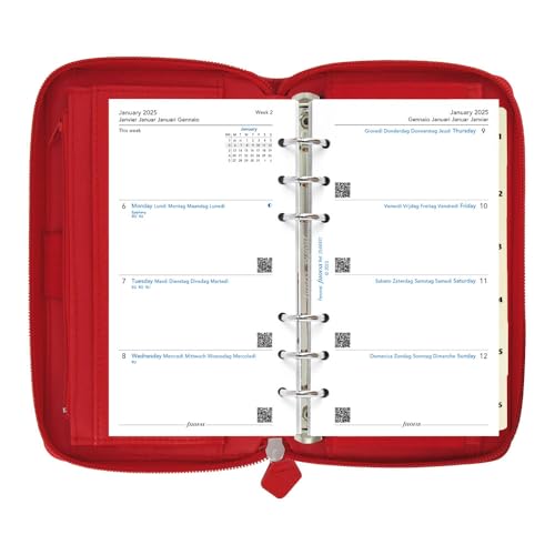 Filofax Saffiano Zip Organizer, Personal Compact Size, Poppy - Cross-Grain, Leather-Look, Six Rings, Week-to-View Calendar Diary, Multilingual, 2025 (C022534-25)