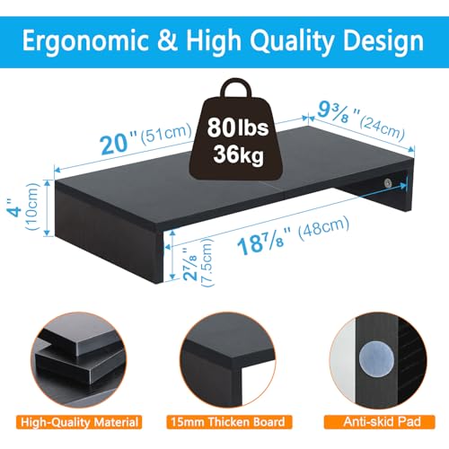TEAMIX Black 20 Inch Wooden Monitor Stand Riser for Desk, Ergonomic Computer Organizer
