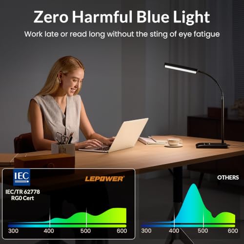 LEPOWER Black Desk Lamp - 800 Lumens Eye-Caring LED with Dimmable & Flexible Gooseneck