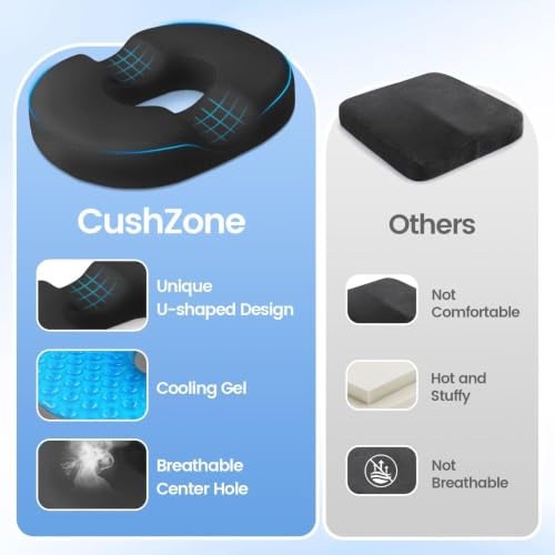 CushZone Black Large Donut Pillow Seat Cushion with Cooling Gel, Memory Foam, Non-Slip