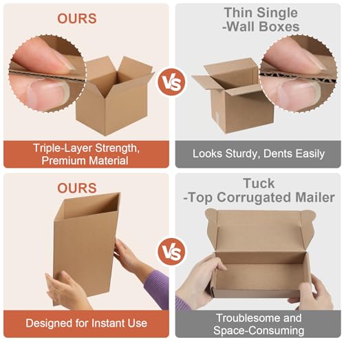 HANWRAPS Brown 4x4x4 Inches Small Shipping Boxes - 4 Pack, Corrugated Cardboard Packaging for Gifts & Mailing