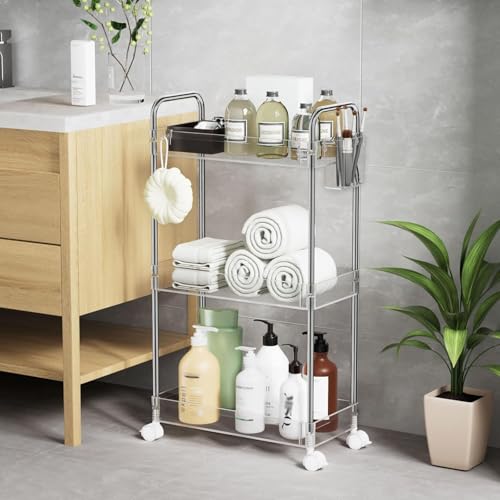 SPACEKEEPER 3 Tier Acrylic Storage Rolling Cart Clear Bathroom Cart Organizer, Transparency Laundry Room Organization Mobile Shelving Unit Multifunction Rolling Utility Cart for Office Living Room
