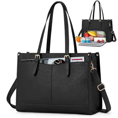 Lunch Tote Bag for Women 15.6 Inch Laptop Bag with Insulated Lunch Compartment Leather Quilted Computer Tote for Teacher Work