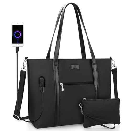 Laptop Tote Bag for Women 17.3 Inch Laptop Bag Large Teacher Tote Bag Waterproof Nylon Work Bag with Wristlet Wallet Computer Tote Bag Handbag Satchel Shoulder Bag (2pcs)