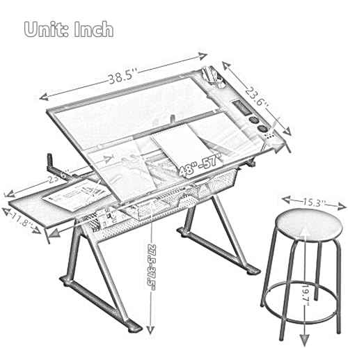 Drafting Table, 0-75¡Æ Tilting Glass Tabletop Drawing Table with Stool - Adjustable Height Art Desk with Multi-Storage for Sketching and Painting - Perfect for Artists and Hobbyists, White