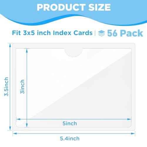 56 Pack Clear Self-Adhesive Pockets, 3" x 5" Index Card Pockets With Top Open Loading, PVC Label Holders for Organizing storage bins, Library Card, Drawer, and Protecting Your Cards