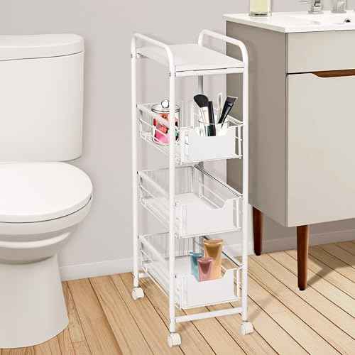 4-Tier Slim Rolling Metal Utility Cart with Drawers, White
