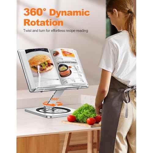 Book Stand for Reading, Book Holder with 360¡Æ Swivel Base & Elastic Page Clips, Adjustable Cookbook Stand for Kitchen Counter, Recipe/Textbook/Music Scores Stand for Desk