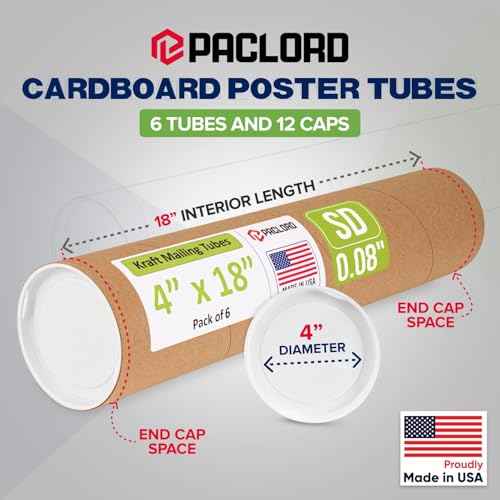 4" x 18" Reinforced Kraft Paper Mailing Tube, Pack of 6 Tubes with 12 Caps ? Secure USPS Approved Poster Tube ? Cardboard Tube for Shipping and Storing Posters, Prints, Artwork, or Documents