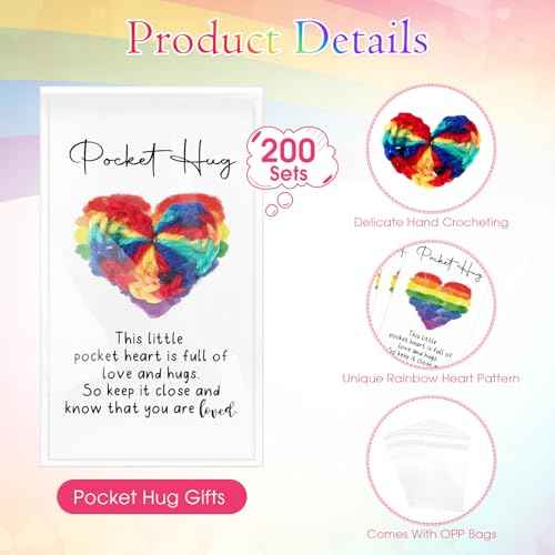 200 Sets Pocket Hug Gift Bulk Rainbow Party Favor Emotional Cheer Support Pride Gift Cute Hand Crocheted Pocket Hug Heart Inspirational Card and Bags Christmas Party Favor for Family Friends