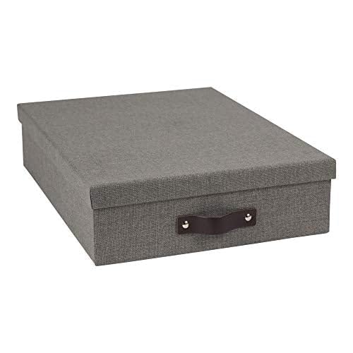 Bigso Oskar Canvas Fiberboard Document Letter Box - File Organizer Box for Important Paperwork - Document Storage with a Lid & Leather Handle - 3.3 in x 10.2 in x 13.8 in - Gray