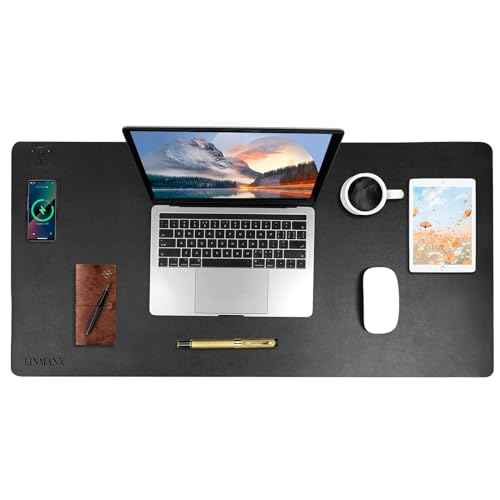 Wireless Charging Mouse Pad with for Desktop Charging Large Desk Mat 36"x17" Waterproof Black Leather Computer Mat Mousepad Non-Slip Protector on Top of Desks for Keyboard and Mouse(Black-L)