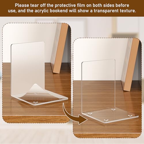 VFINE Clear Acrylic Bookends 6 Pieces - Transparent Book Holders for Shelves