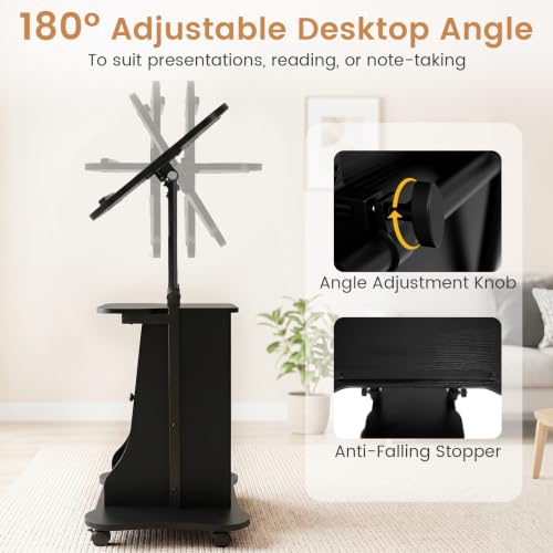 GIANTEX Mobile Podium Stand Sit-to-Stand Laptop Cart (Black, 1 Pack)