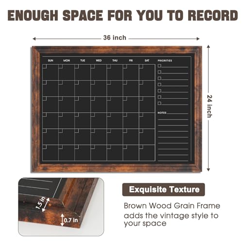 4 THOUGHT Chalkboard Calendar 36" x 24", Magnetic Calendar Chalkboard for Wall Hanging Chalk Boards Sign Menu Board Monthly Planner Rustic Brown Frame for Kitchen Decor Home Office 8 Magnets 1 Marker