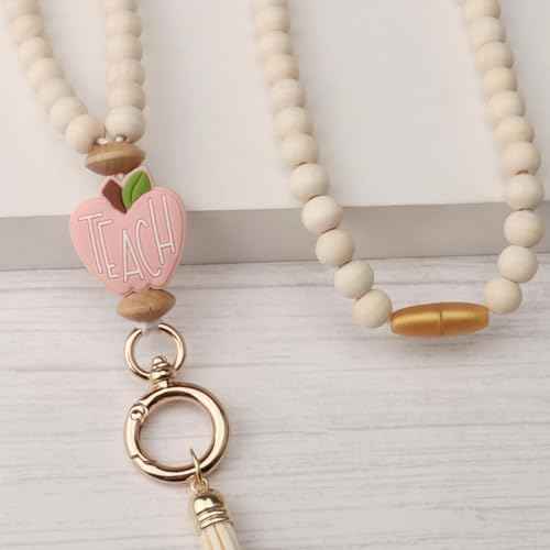 2024 Teacher Lanyard With ID Holder, Fashion Wood Beaded for Key, Super Cute Boho Breakaway for Women