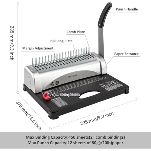 TIANSE Binding Machine, 21-Holes, 450 Sheets, Comb Binding Machines with Starter Kit 100 PCS 3/8'' Comb Binding Spines, Comb Binder Machine Book Maker Perfect for Letter Size, A4, A5 or Smaller Sizes