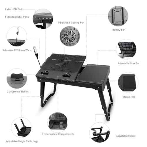 Laptop Table for Bed, Bed Table Trays for Eating and Laptops with Adjustable Laptop Stand, Multi-Functional Lap Desk with Internal Cooling Pad, LED Desk Lamp, 4 Port USB Hub, Mouse Pad