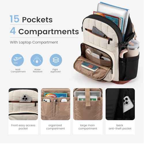 LOVEVOOK Laptop Backpack Women with Pouch Pocket for Large Capacity Cup,17 Inch Lightweight Puffer Computer Laptop Bag Travel Backpack Purse for Work College Teacher Personal Item,Black-White-Brown