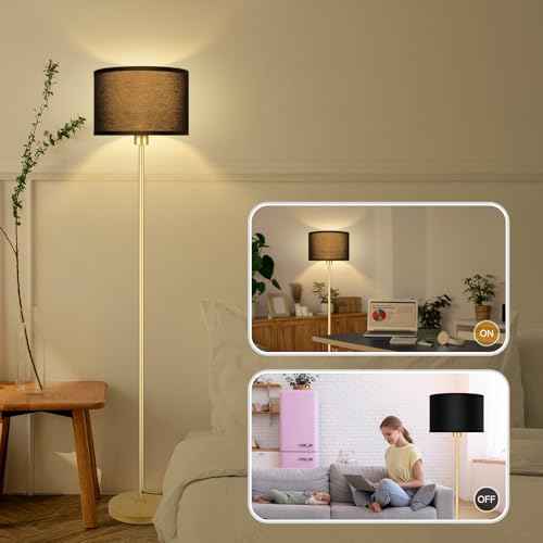 Gold Floor Lamps for Living Room, Modern Bright Standing Lamp, Black Lamp Shades, Foot Switch, Simple Pole Lamps Corner Lamp for Bedroom,Office, Living Room, Den, Black Living Room Lamp(No Bulb)