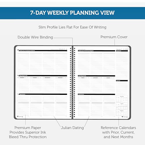 Planner Pad Spiral Bound January-December 2026/ Calendar Year 8 1/2" x 11" Large 3-Tier Funnel Down 12 Month Organizer, Black Cover/Black Ink