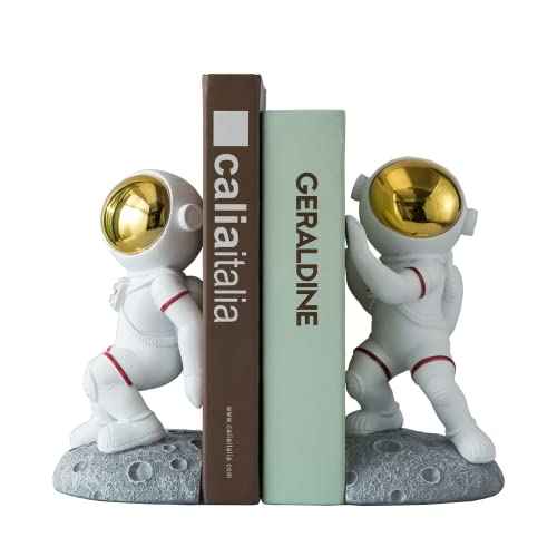 Space Theme Bookends for Shelves, Astronaut Moon Book Ends for Kids Room, Decorative Planet Book Stoppers to Hold Books Heavy Duty, Unique Boys and Girls Gift (Gray)