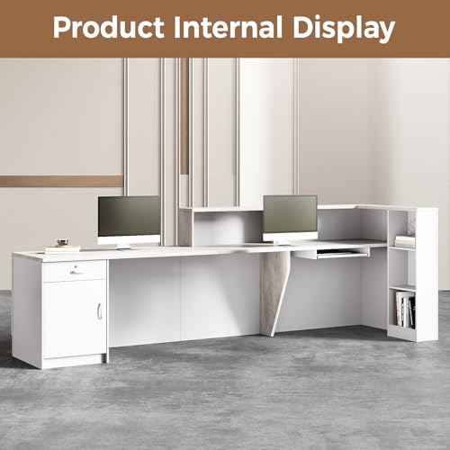 Modern L-Shaped Reception Desk with Hutch, Office Reception Counter Table with Lockable Drawer and Door Cabinet, Wooden Computer Front Desk (Oak+Warm White-Left Cabinet, 110.24"L*23.62"W*41.34"H)