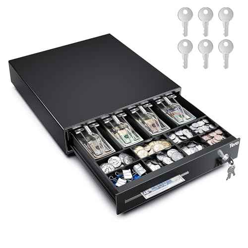 Tera 13 inch Auto Open Cash Register Drawer with 6 Keys Heavy Duty 4 Bill 8 Coin Removable Cash Tray Media Slot 24V RJ12 Key-Lock Round Corner for POS System Small Businesses Retail 330E
