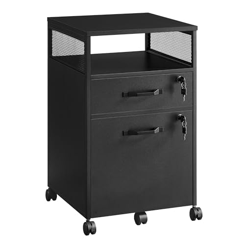 VASAGLE File Cabinet, Mobile Filing Cabinet with Wheels, 2 Lockable Drawers, Open Shelf, for A4, Letter Size, Hanging File Folders, Ink Black UOFC077B16