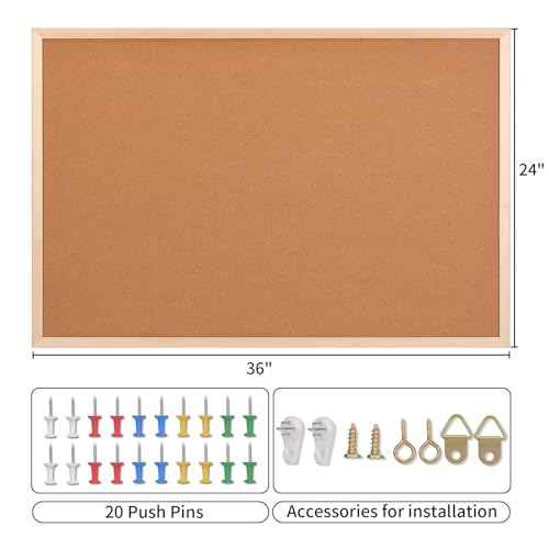 24x36 Inch Cork Bulletin Board for Wall with Natural Wood Frame | Large Pin Board for Office & Home | Includes 20 Push Pins & Mounting Hardware
