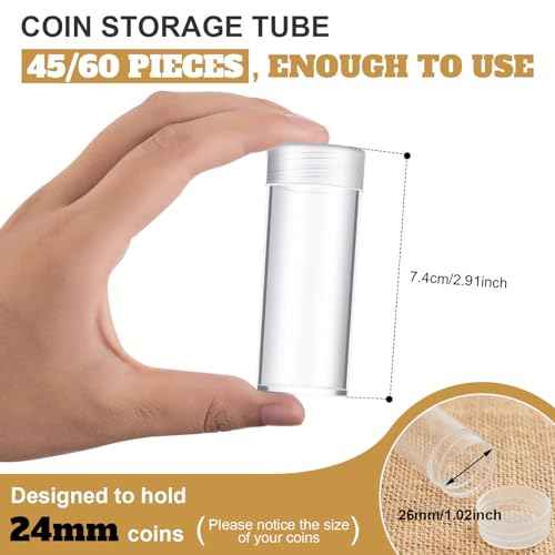 Qunclay 60 Pcs Quarter Tubes for Coins Clear Plastic Quarter Storage Tubes with Screw Lid Containers for Coins Collection Supplies (3 x 1 Inch)