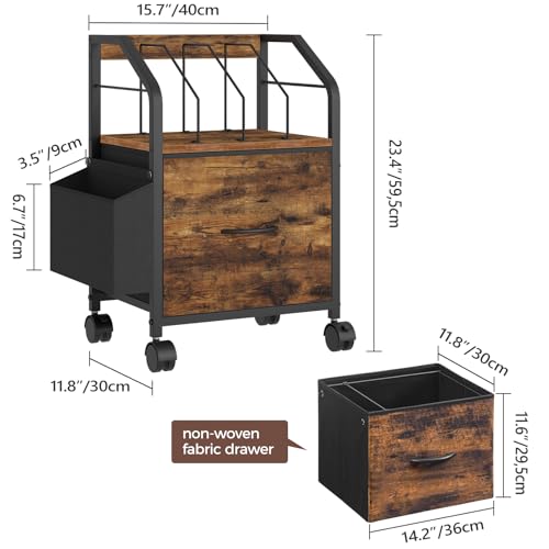 MAHANCRIS Rustic Brown Small Rolling File Cabinet with 3 Dividers, Under-Desk Organizer