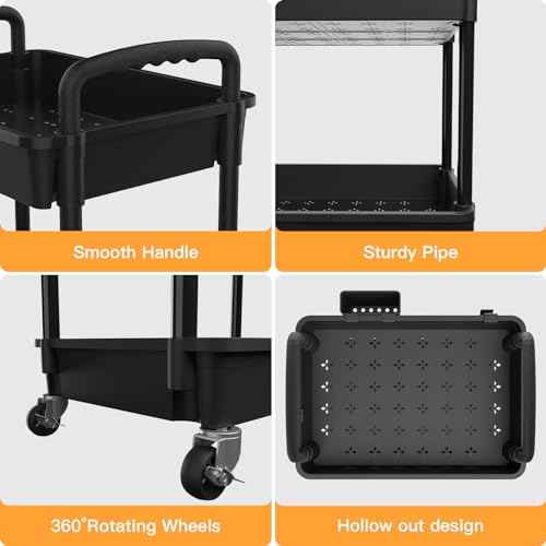4 Tier Rolling Utility Cart with Handle,REBECAT Utility Cart Made of Multifunctional Storage Organizer Tool for Kitchen,Bathroom,Living Room,Office(Black)