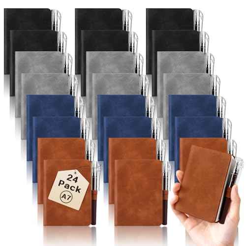 24 Pack Pocket Notebook with Pen Small Journal Notebook for Note Taking A7 Mini Notebook for Writing 200 Pages Leather Journal for Men Women Office School Nurse4.33'' X2.95",Black, Brown, Blue,Grey