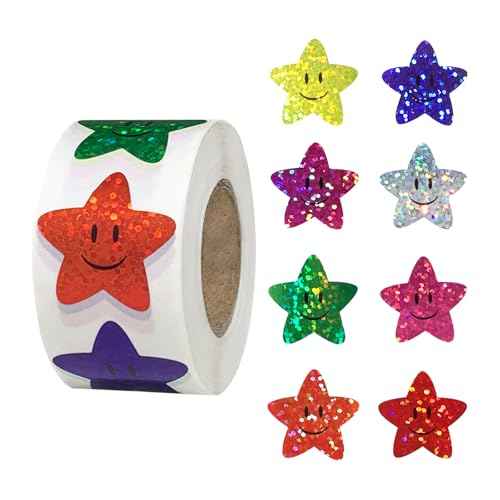 500 Pcs Star Smiley Stickers for Rewarding Student Behaviour, 8 Colour Glitter Star Stickers for Teachers, Student Behaviour Sheets, Handbooks, Greeting Card Decorations (1 Pack)