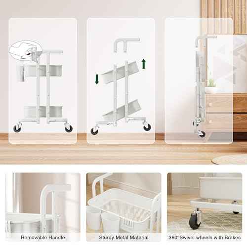 DTK 2 Tier Rolling Cart, Small Metal Utility Cart with Lockable Wheels, Foldable Craft Cart, 2 Shelf Folding Storage Trolley for Living Room, Kitchen, Bathroom, Bedroom and Office, White