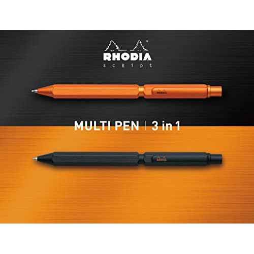 RHODIA 9340C - 3 in 1 scRipt Multipen 2 Ballpoint Pens 0.5 mm Black & Red + 1 Graphite Mechanical Pencil 0.5 mm - Hexagonal Body in Orange Brushed Aluminium - Refillable - Eraser Under the Push Button