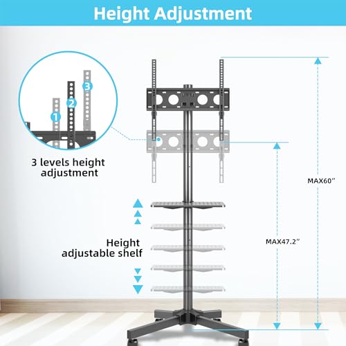 Mobile TV Carts on Wheels for 21-60 Inch Flat/Curved Panel Screens TVs - Height Adjustable Floor Trolley Stand with Shelf Holds up to 77lbs - Max VESA 400x400mm