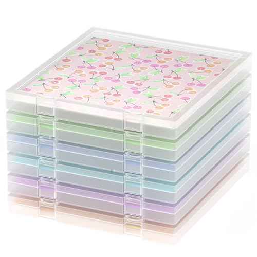 Scrapbook Paper Storage, 6 Pack Stackable Plastic File Storage Box Set, 12"x12"x1.1" Craft Organizer Storage, U-Shaped Locking Mechanism, Ideal for Office, Home, and School Document Organizer