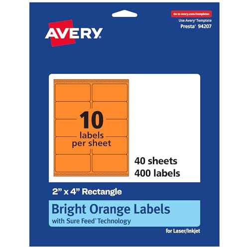Avery Printable Rectangle Labels, Sure Feed Technology, 2" x 4", Bright Orange Labels, Laser/Inkjet Printable, 400 Total, Great for Mailing and Candles