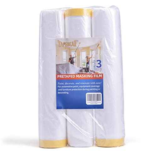 TAPEBEAR Pre-Taped Masking Film, Tape and Drape, Plastic Sheeting Roll, Automotive Painters Masking Tape Film, Plastic Sheeting Cover for Appliance and Furniture, 9feet X 90feet, 2600mmx 27m,3Rolls