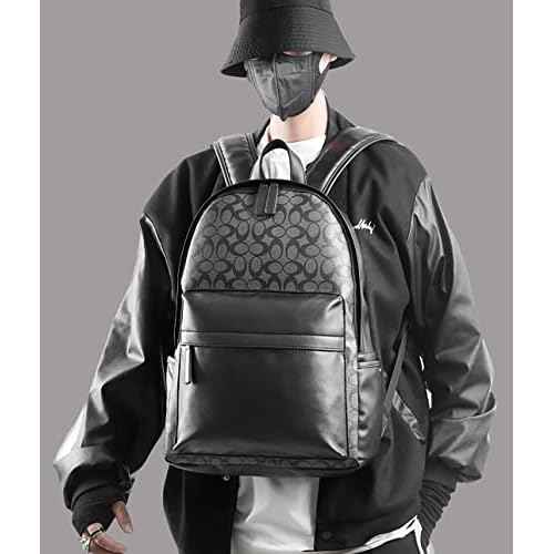 Leather Laptop Backpack for Men Women, School College Bookbag Casual Travel Daypack (Black)