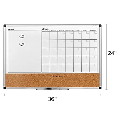 VUSIGN Monthly Calendar Whiteboard Dry Erase Cork Board Combo, 24" x 36" Planning Board, Silver Aluminium Frame