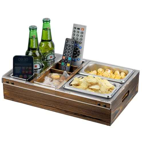 MyGift Couch Caddy Rustic Burnt Solid Wood and Premium Clear Acrylic TV Snack Tray with 2 Stainless Steel Snack Bowls, Dual Cutout Anti-Spill Drink Holders, Remote Control and Cell Phone Slots